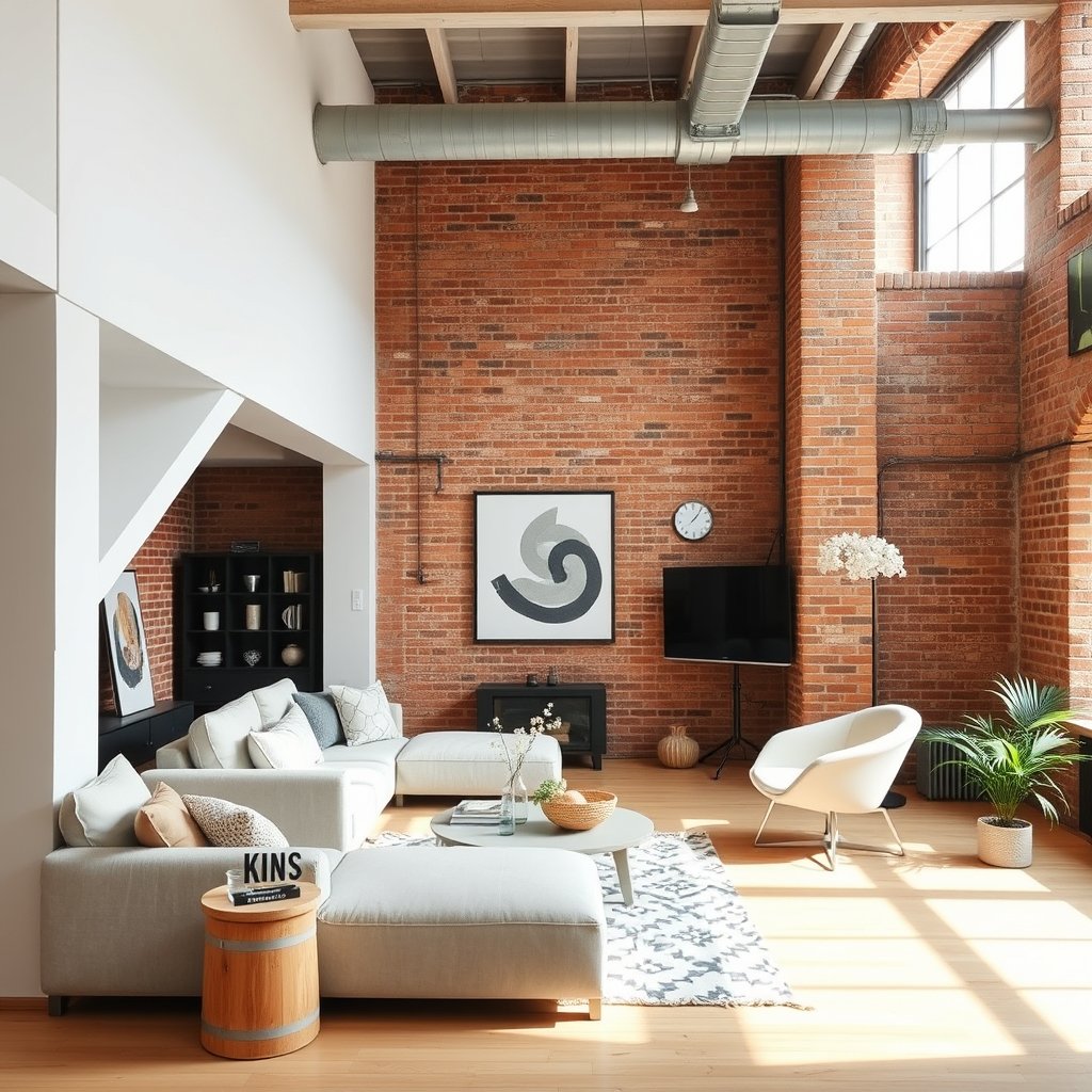 an industrial loft apartment with exposed brick walls, bright and airy, pastel tones, dreamy aesthetic