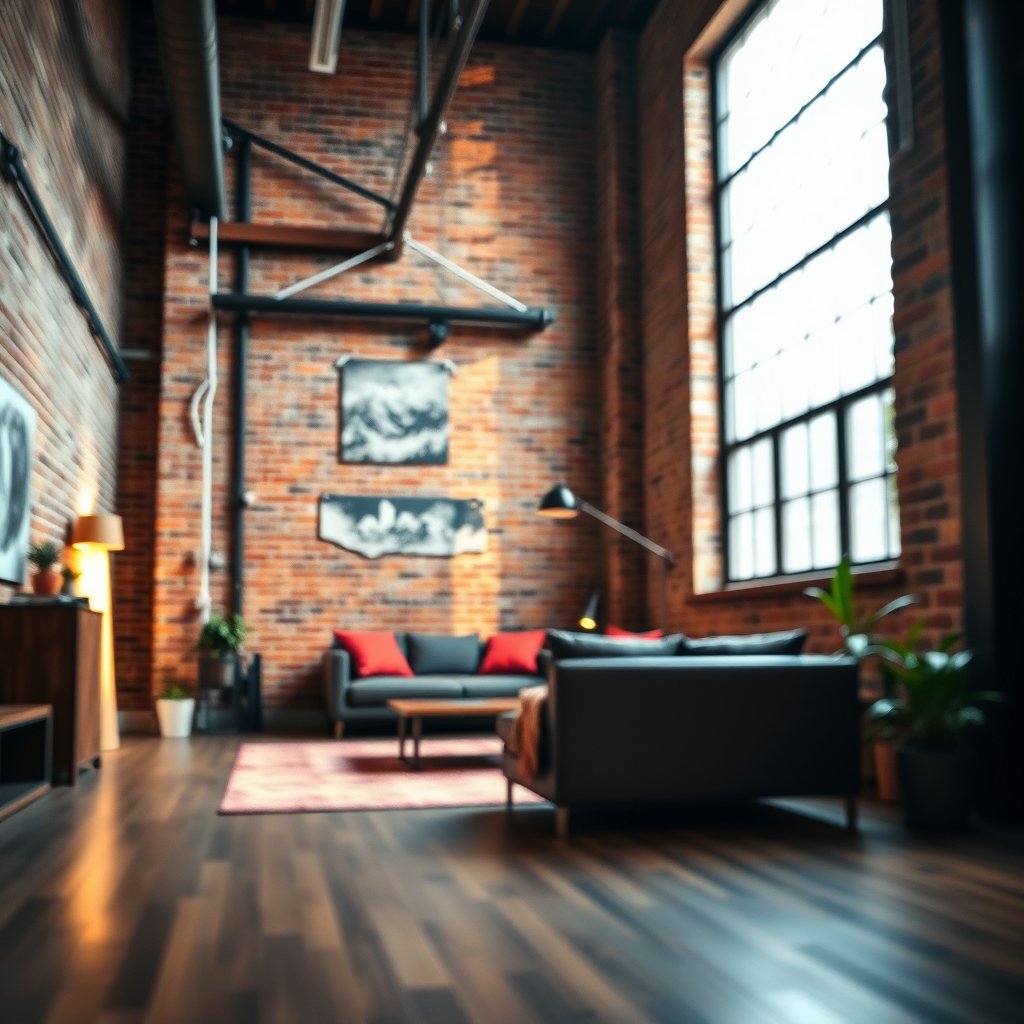 an industrial loft apartment with exposed brick walls, soft natural light, shallow depth of field, bokeh
