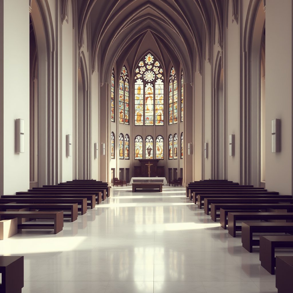 a grand cathedral interior with stained glass windows, minimalist composition, clean background, elegant