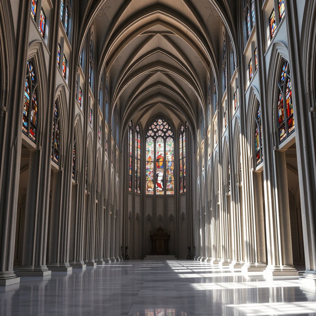 a grand cathedral interior with stained glass windows, minimalist composition, clean background, elegant