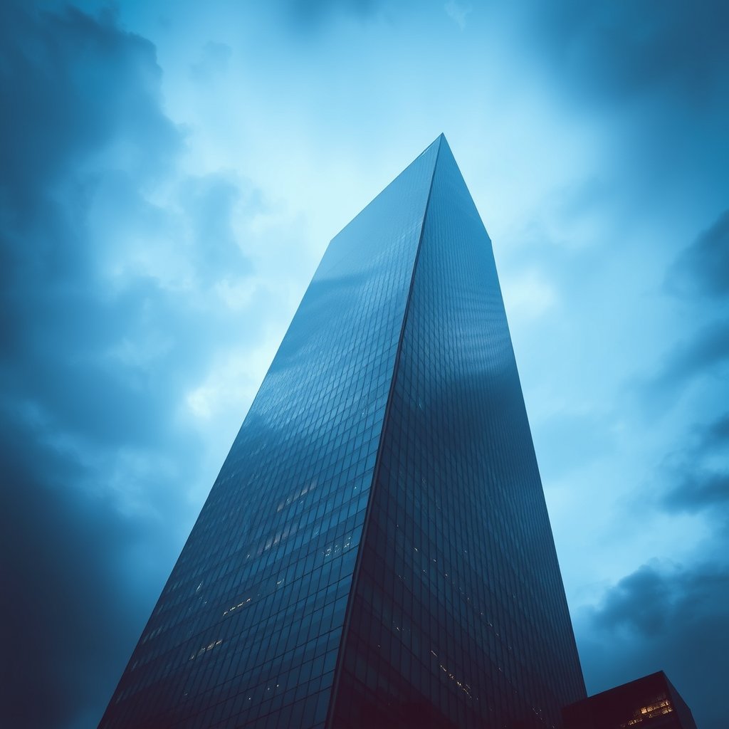 a modern glass skyscraper reflecting the blue sky, moody lighting, high contrast, fine art photography