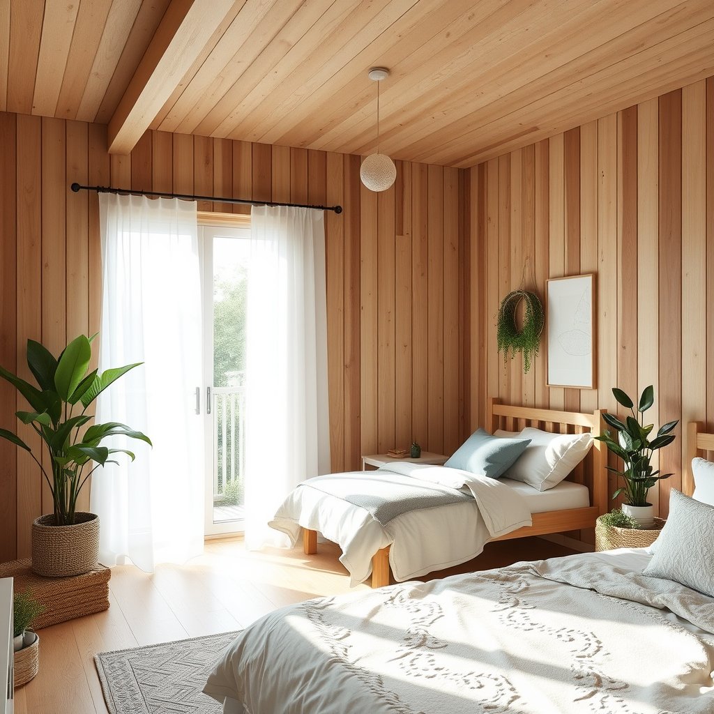 a scandinavian style bedroom with natural wood and plants, bright and airy, pastel tones, dreamy aesthetic