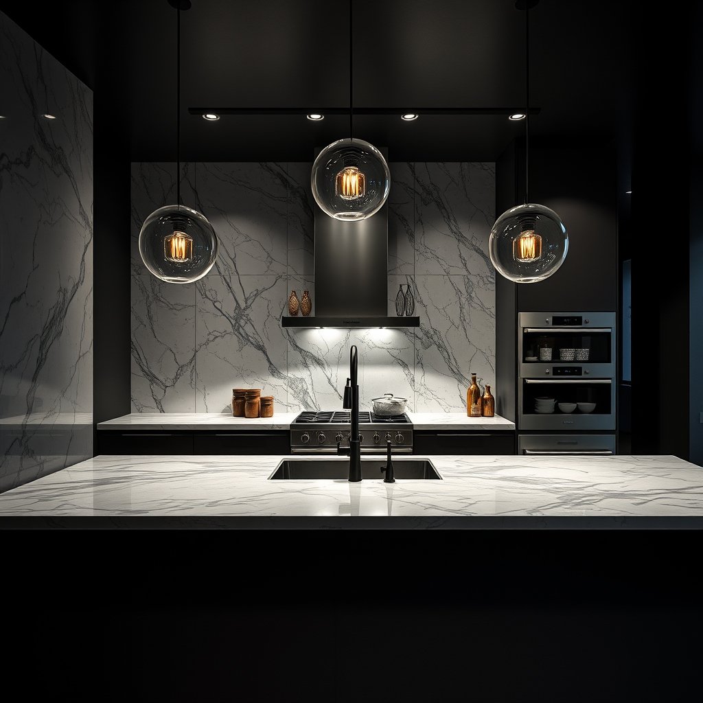 a luxurious modern kitchen with marble countertops, moody lighting, high contrast, fine art photography