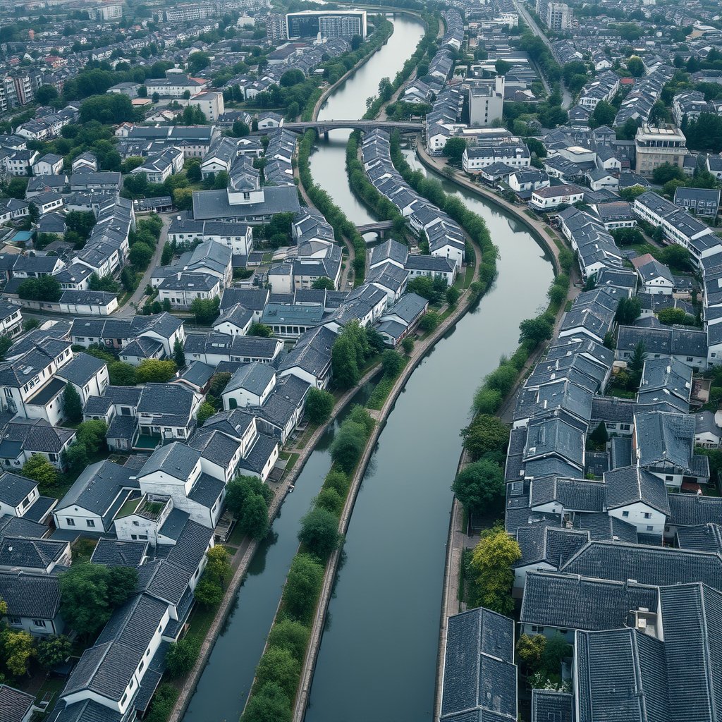 Photorealistic civilian drone aerial photo of Suzhou, with canals, white-walled gray-roof neighborhoods, gardens and modern city districts. near-vertical top-down drone view, geometric streets, roofs, vegetation and water, natural midday light. Realistic Chinese architecture and terrain, believable scale. Conceptual, not onsite. No close people, aircraft, readable signs, text, logo, watermark, fantasy or extreme HDR., moody lighting, high contrast, fine art photography