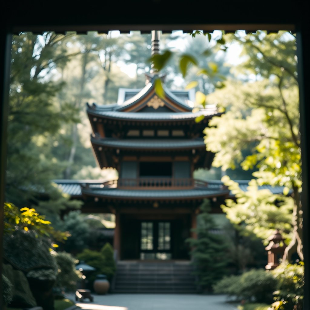 a traditional japanese temple surrounded by gardens, soft natural light, shallow depth of field, bokeh