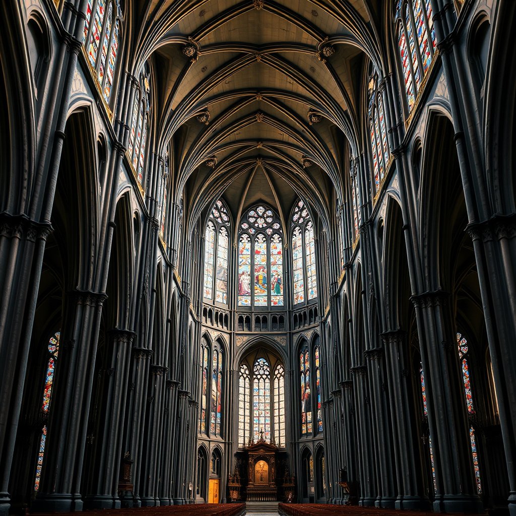 a grand cathedral interior with stained glass windows, highly detailed, 8k, professional photography, sharp focus