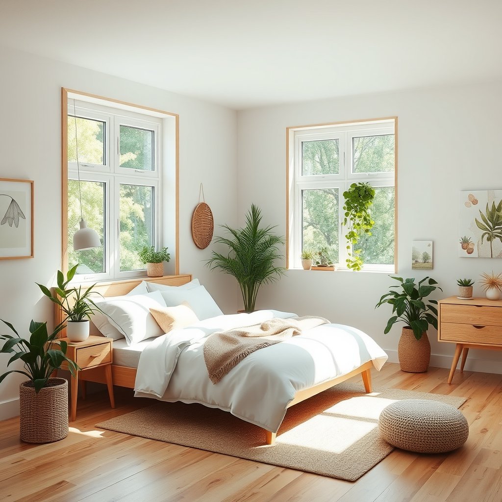 a scandinavian style bedroom with natural wood and plants, bright and airy, pastel tones, dreamy aesthetic