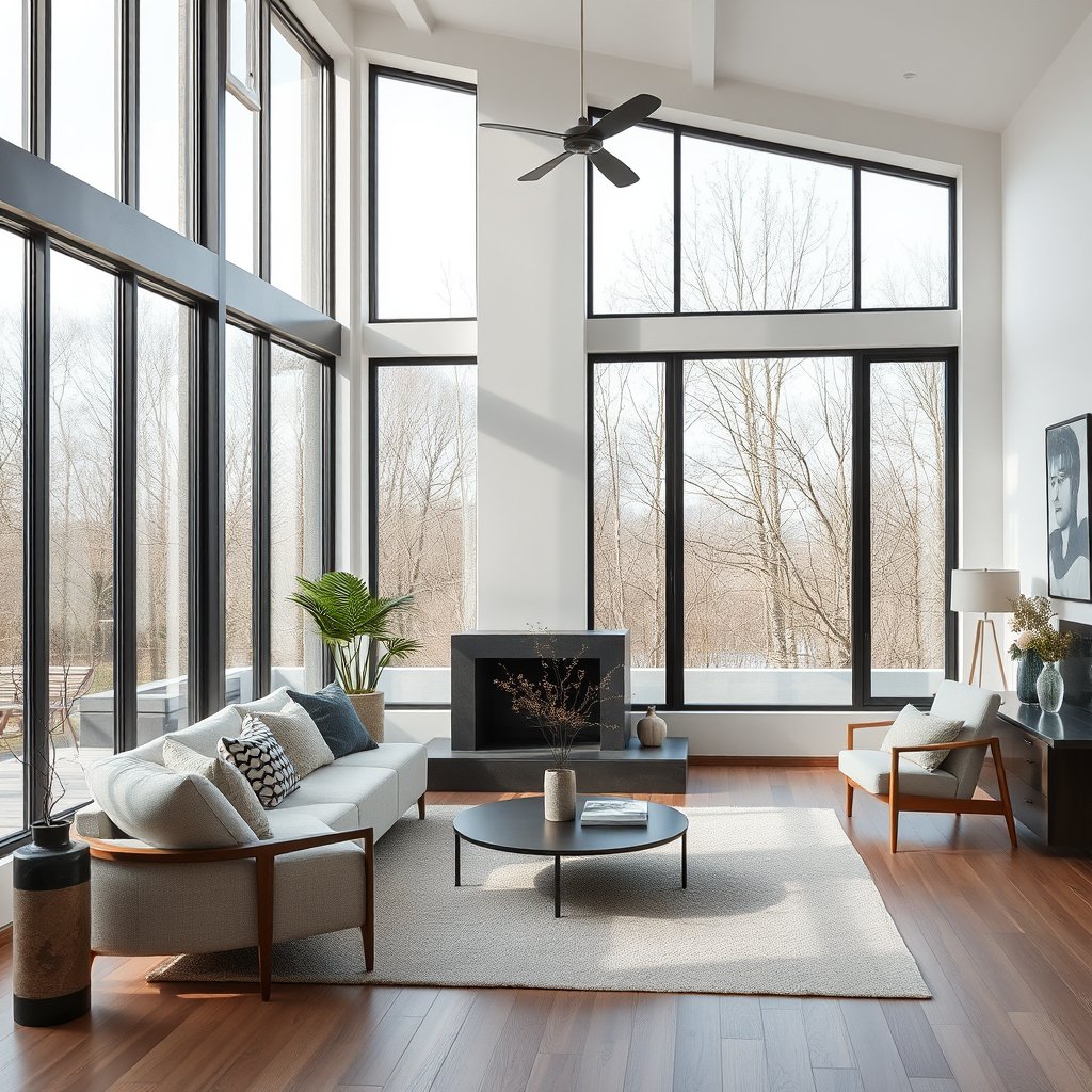 a cozy minimalist living room with large windows, minimalist composition, clean background, elegant