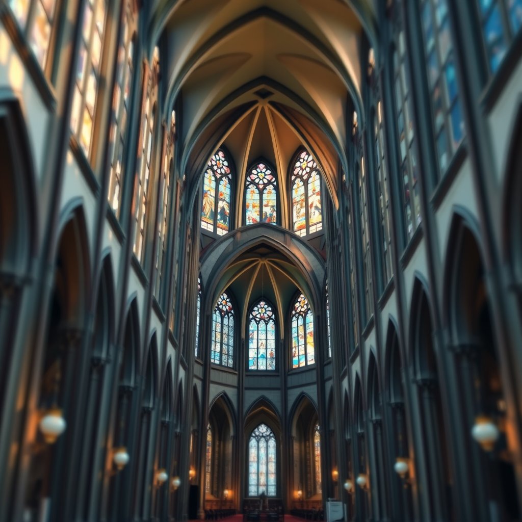 a grand cathedral interior with stained glass windows, soft natural light, shallow depth of field, bokeh