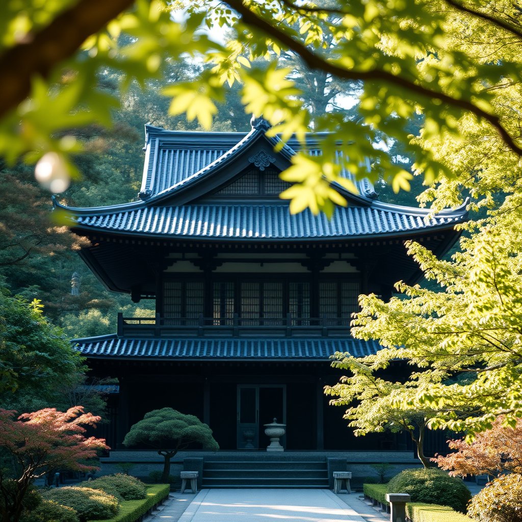a traditional japanese temple surrounded by gardens, soft natural light, shallow depth of field, bokeh