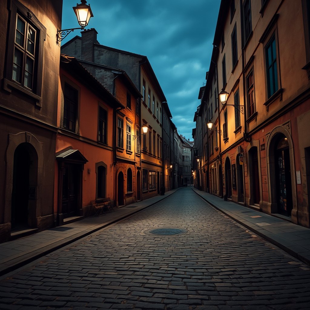 an old european cobblestone street with historic buildings, moody lighting, high contrast, fine art photography