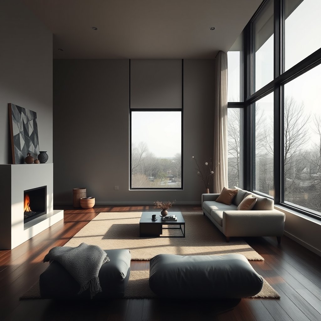 a cozy minimalist living room with large windows, moody lighting, high contrast, fine art photography