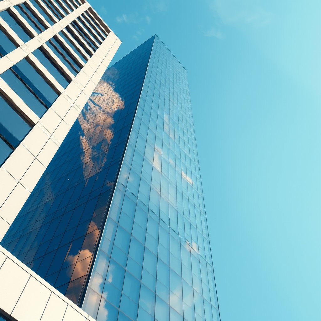 a modern glass skyscraper reflecting the blue sky, highly detailed, 8k, professional photography, sharp focus