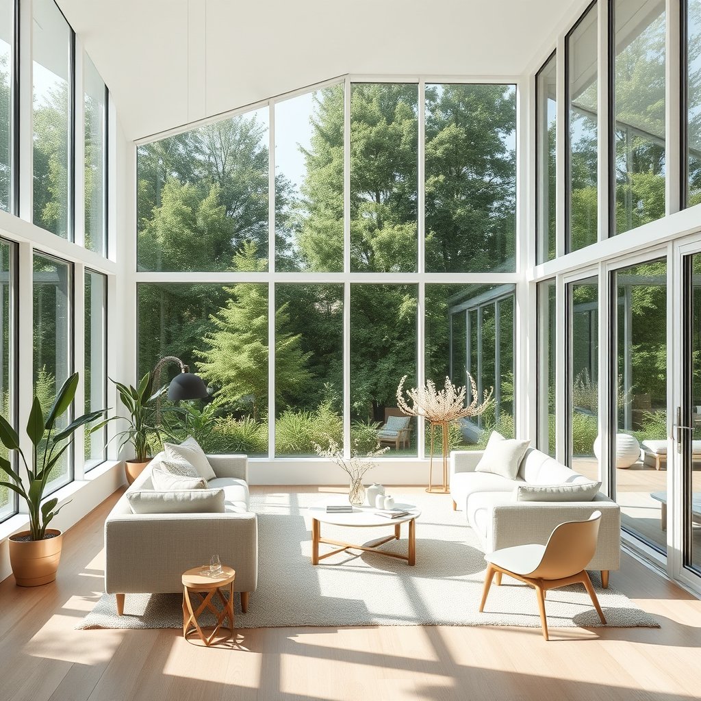 a cozy minimalist living room with large windows, bright and airy, pastel tones, dreamy aesthetic