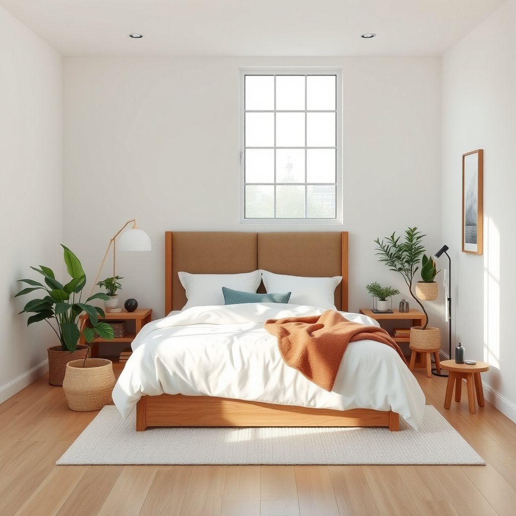 a scandinavian style bedroom with natural wood and plants, minimalist composition, clean background, elegant