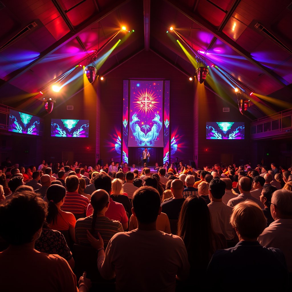 international church community meeting, cinematic lighting, vibrant colors, dramatic atmosphere