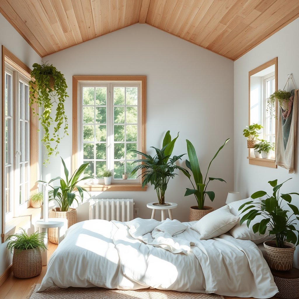 a scandinavian style bedroom with natural wood and plants, bright and airy, pastel tones, dreamy aesthetic