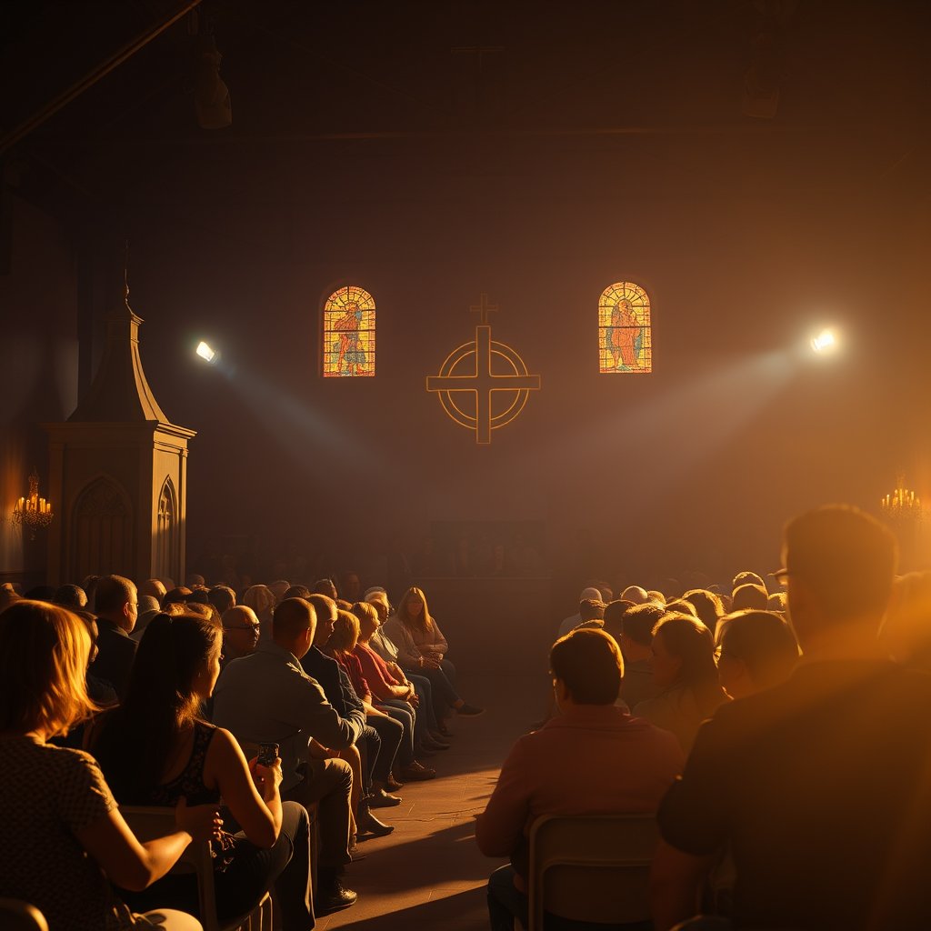 international church community meeting, golden hour lighting, warm tones, atmospheric
