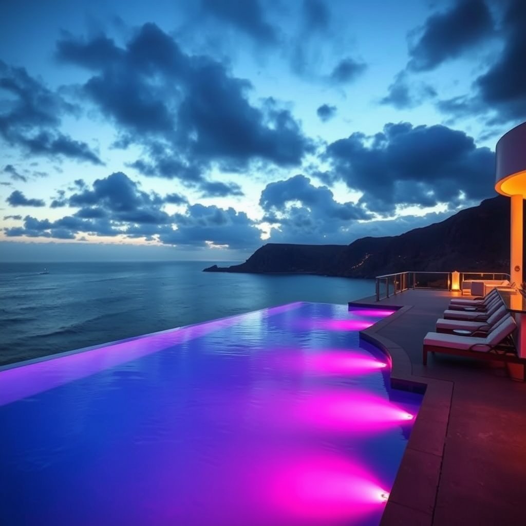 a beautiful infinity pool overlooking the ocean, cinematic lighting, vibrant colors, dramatic atmosphere