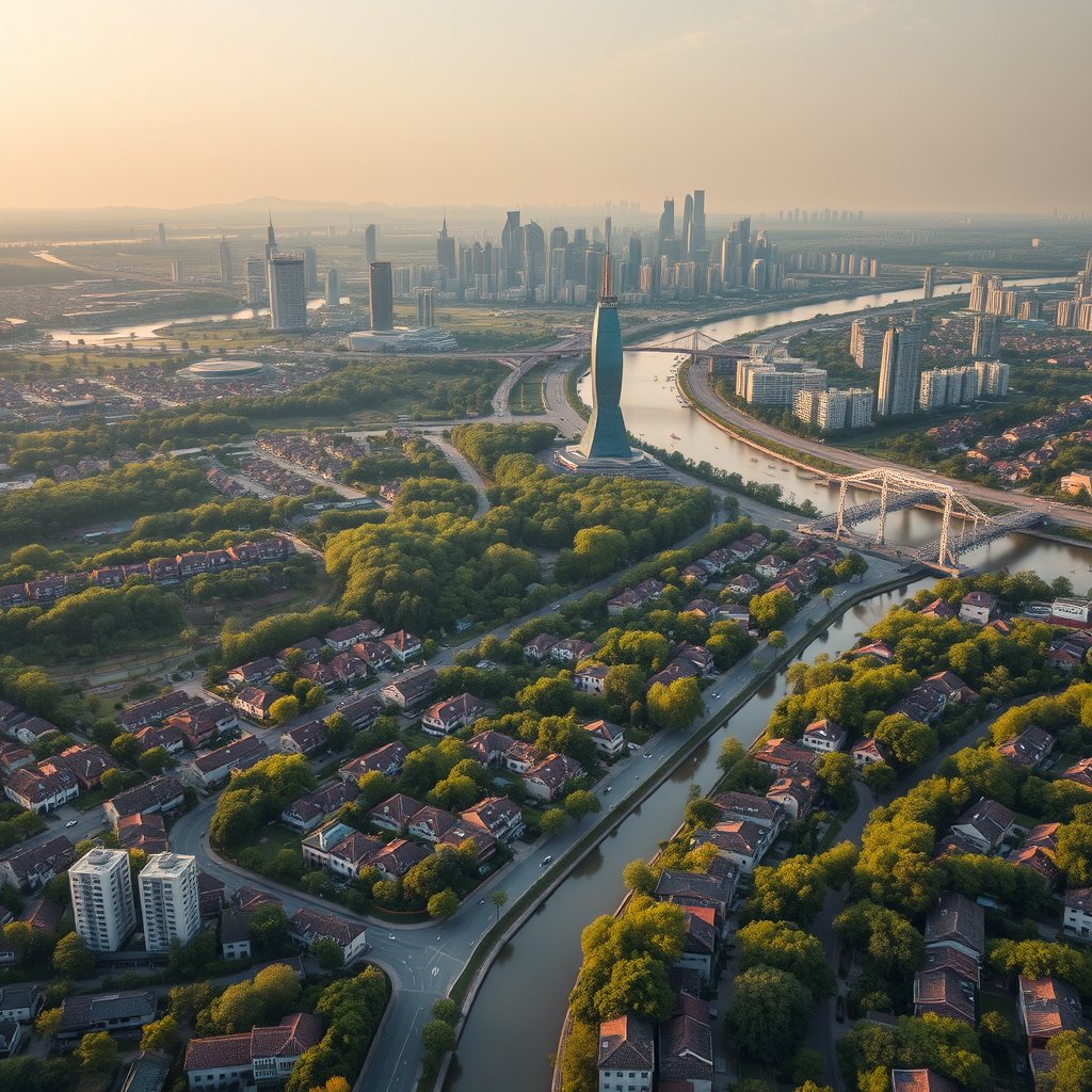 Photorealistic civilian drone aerial photo of Chengdu, with dense green tree canopy, low-rise neighborhoods, modern towers and river corridors. high wide drone panorama, neighborhoods, landscape and skyline, happy golden-hour light. Realistic Chinese architecture and terrain, believable scale. Conceptual, not onsite. No close people, aircraft, readable signs, text, logo, watermark, fantasy or extreme HDR., ultra realistic, crisp details, studio quality