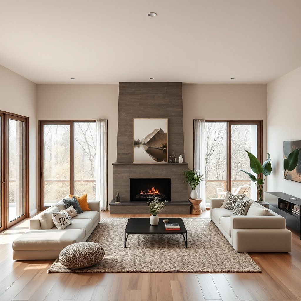 a cozy minimalist living room with large windows, highly detailed, 8k, professional photography, sharp focus