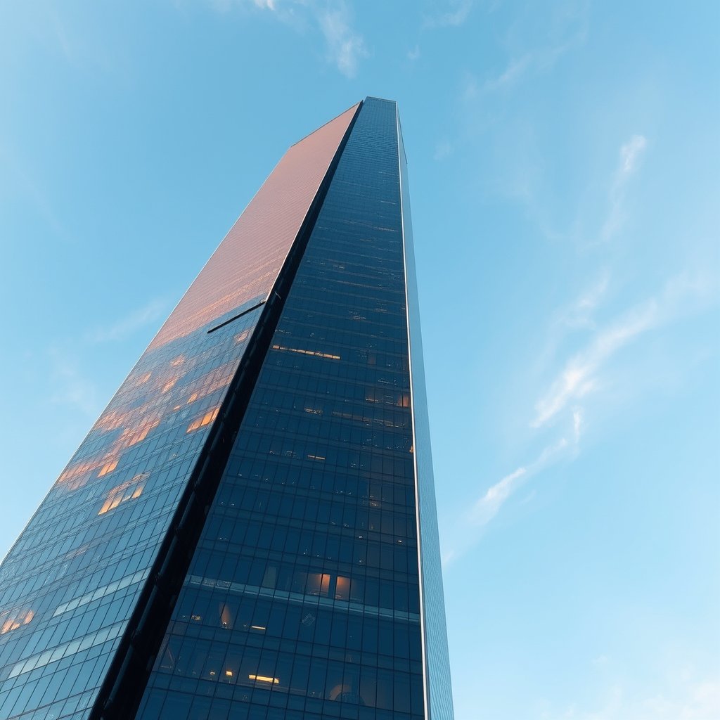 a modern glass skyscraper reflecting the blue sky, golden hour lighting, warm tones, atmospheric