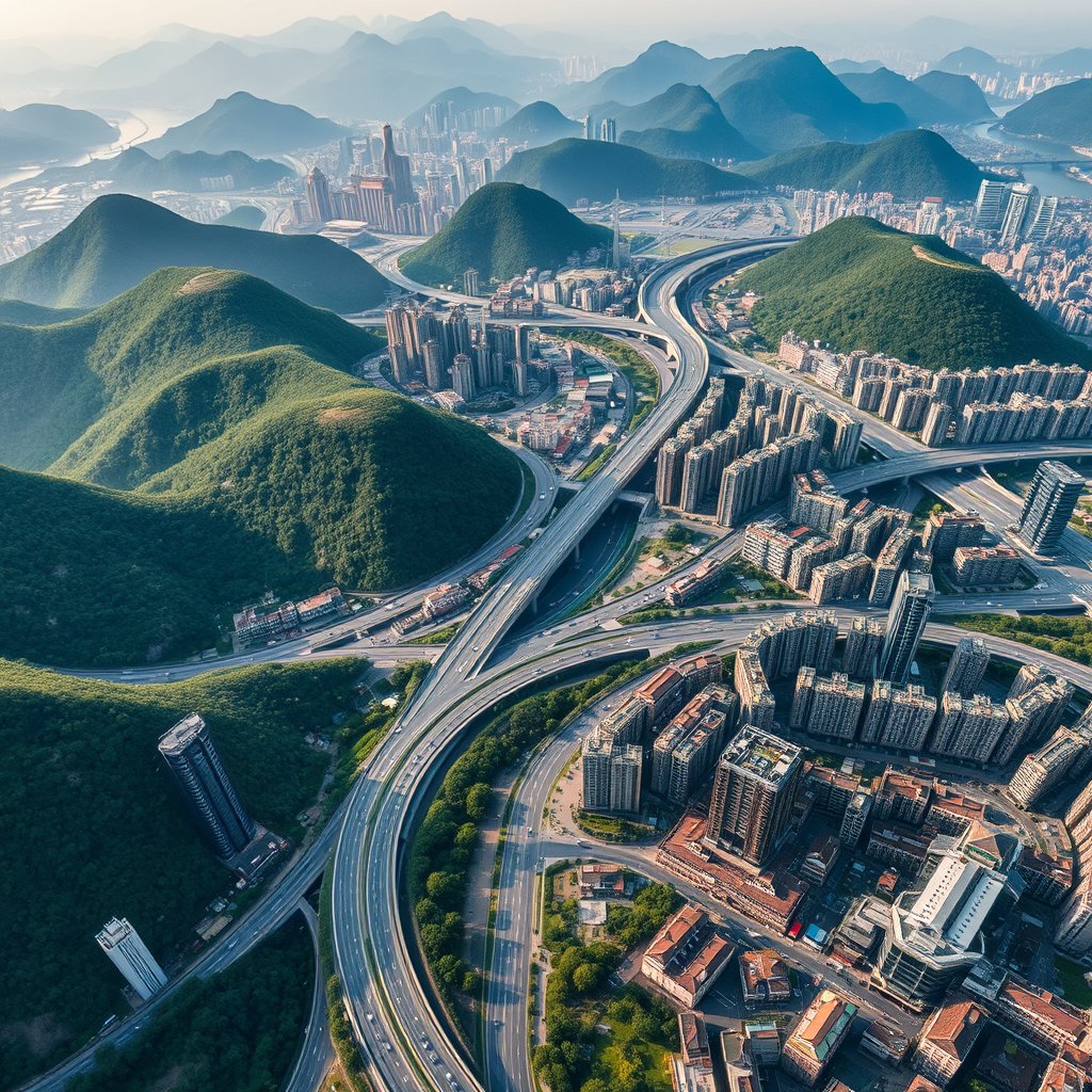 Photorealistic civilian drone aerial photo of Chongqing, with dramatic hills, layered roads, river valleys, bridges and dense high-rise buildings. near-vertical top-down drone view, geometric streets, roofs, vegetation and water, natural midday light. Realistic Chinese architecture and terrain, believable scale. Conceptual, not onsite. No close people, aircraft, readable signs, text, logo, watermark, fantasy or extreme HDR., ultra realistic, crisp details, studio quality