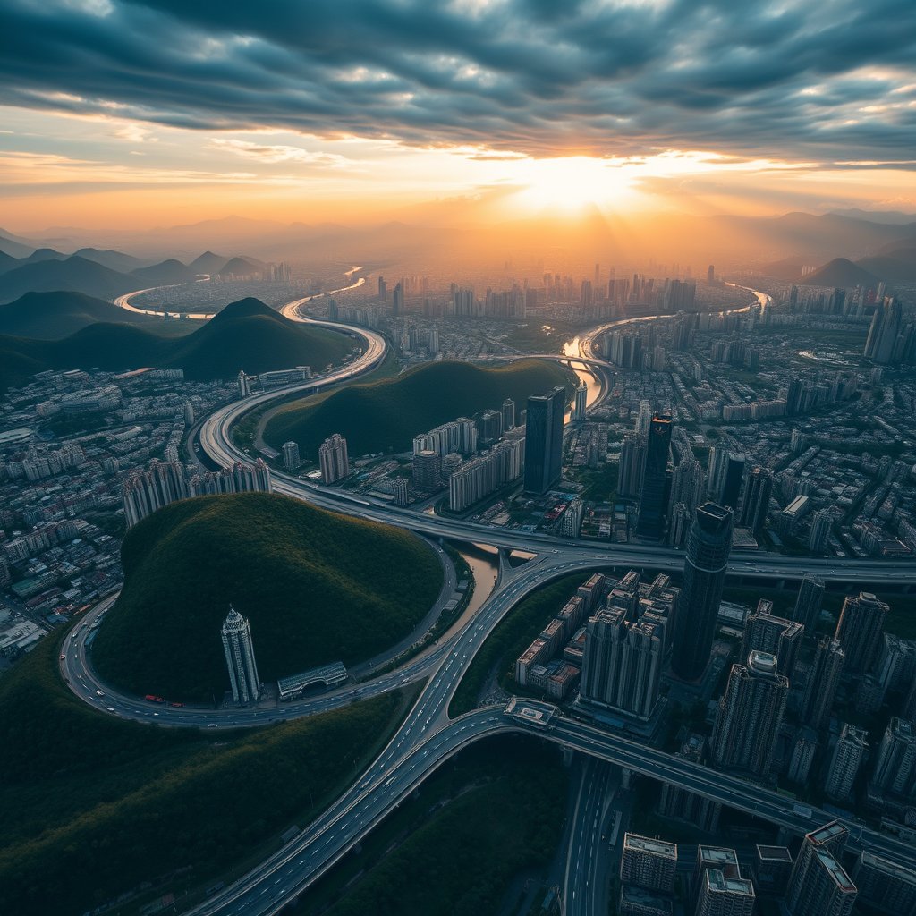 Photorealistic civilian drone aerial photo of Chongqing, with dramatic hills, layered roads, river valleys, bridges and dense high-rise buildings. high wide drone panorama, neighborhoods, landscape and skyline, happy golden-hour light. Realistic Chinese architecture and terrain, believable scale. Conceptual, not onsite. No close people, aircraft, readable signs, text, logo, watermark, fantasy or extreme HDR., moody lighting, high contrast, fine art photography