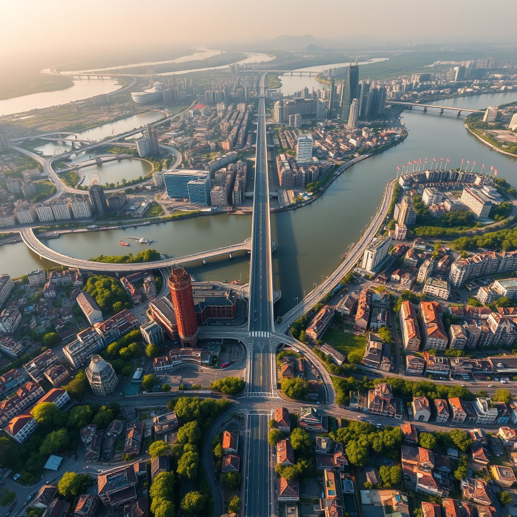 Photorealistic civilian drone aerial photo of Wuhan, with broad rivers, major bridges, lakes, dense city blocks and humid central-China atmosphere. near-vertical top-down drone view, geometric streets, roofs, vegetation and water, natural midday light. Realistic Chinese architecture and terrain, believable scale. Conceptual, not onsite. No close people, aircraft, readable signs, text, logo, watermark, fantasy or extreme HDR., golden hour lighting, warm tones, atmospheric
