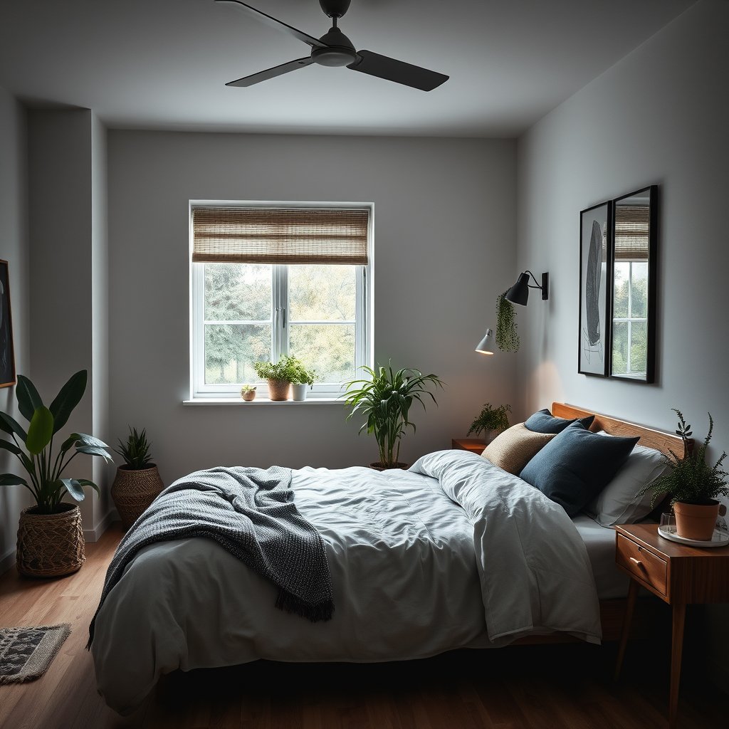 a scandinavian style bedroom with natural wood and plants, moody lighting, high contrast, fine art photography