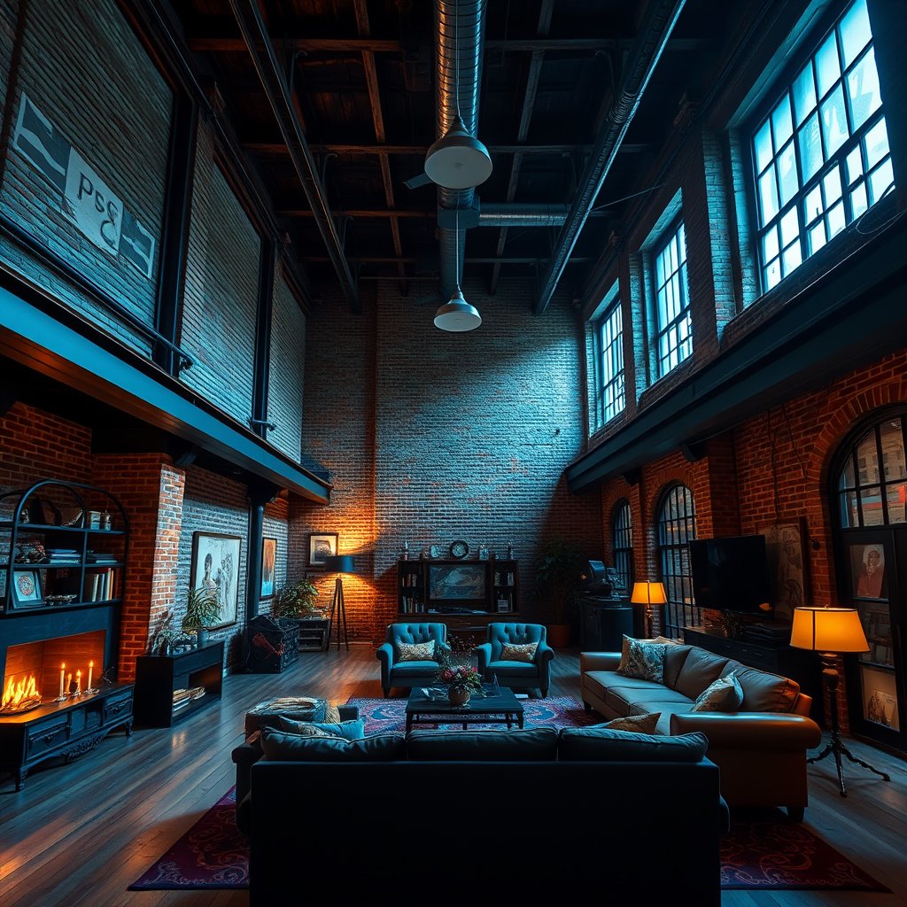 an industrial loft apartment with exposed brick walls, cinematic lighting, vibrant colors, dramatic atmosphere