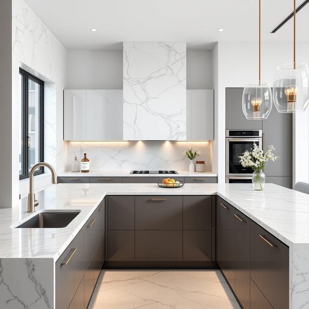 a luxurious modern kitchen with marble countertops, ultra realistic, crisp details, studio quality
