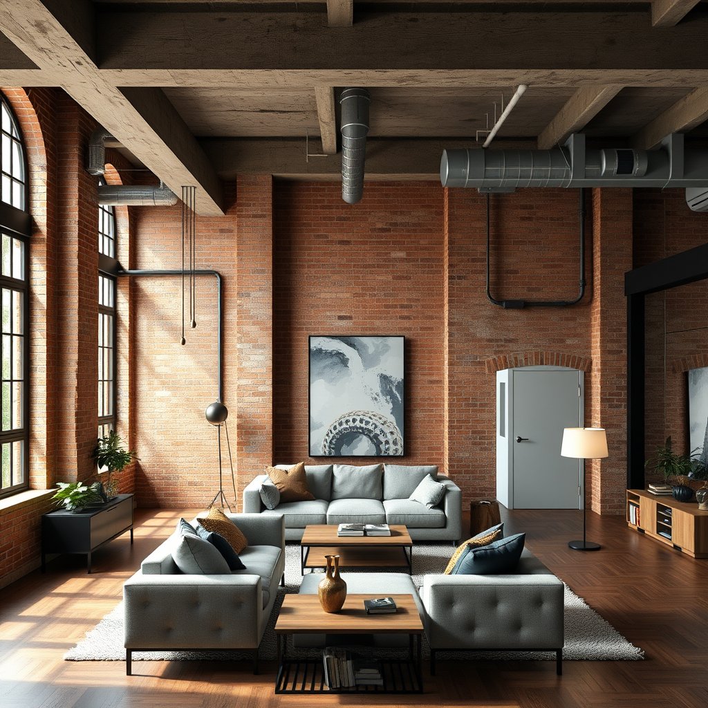 an industrial loft apartment with exposed brick walls, ultra realistic, crisp details, studio quality