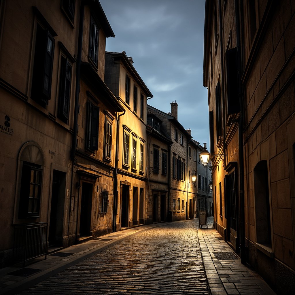 an old european cobblestone street with historic buildings, moody lighting, high contrast, fine art photography