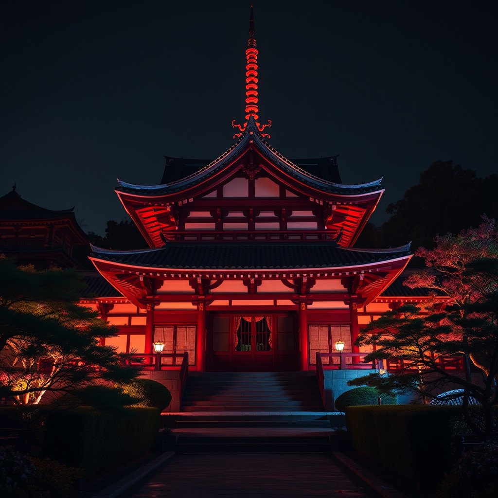 a traditional japanese temple surrounded by gardens, cinematic lighting, vibrant colors, dramatic atmosphere