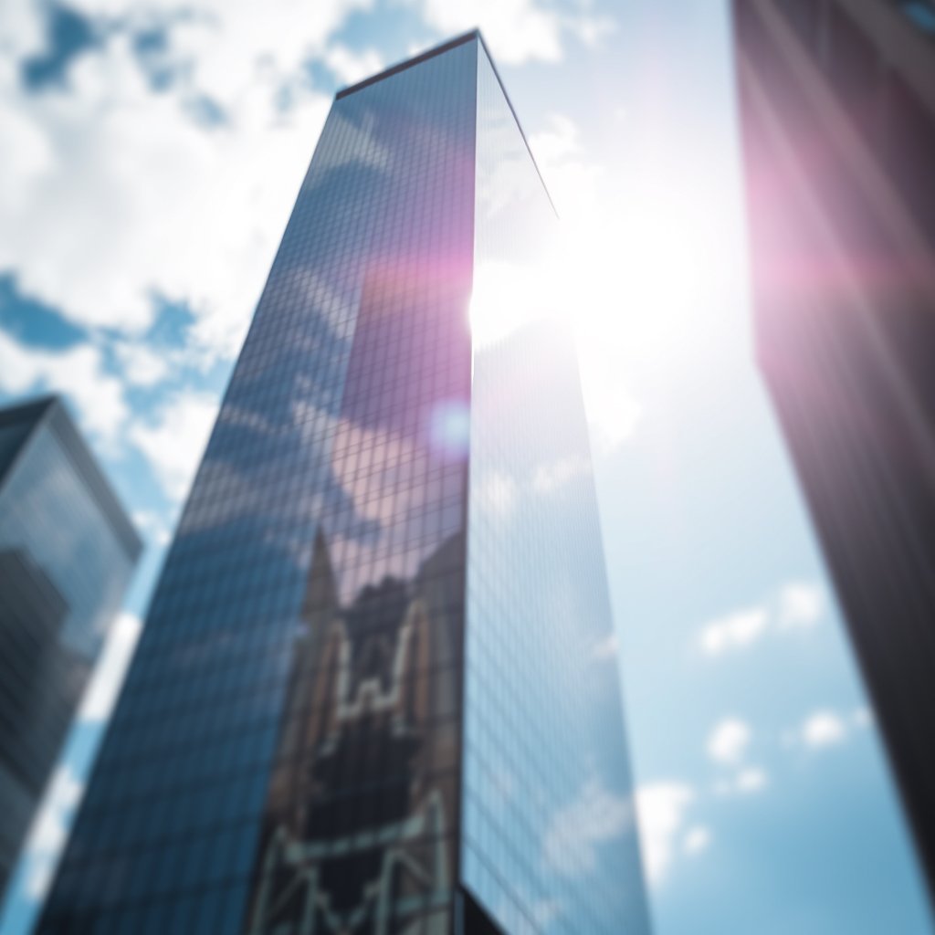 a modern glass skyscraper reflecting the blue sky, soft natural light, shallow depth of field, bokeh