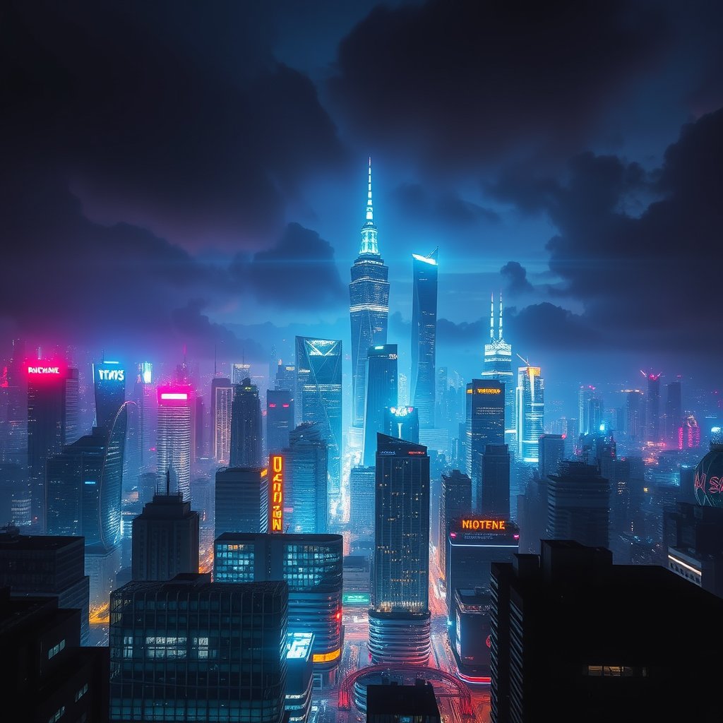 a futuristic city skyline at night with neon lights, cinematic lighting, vibrant colors, dramatic atmosphere