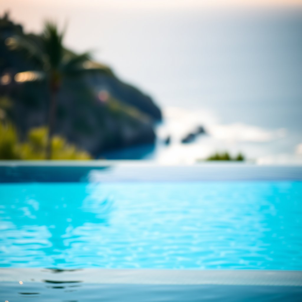 a beautiful infinity pool overlooking the ocean, soft natural light, shallow depth of field, bokeh