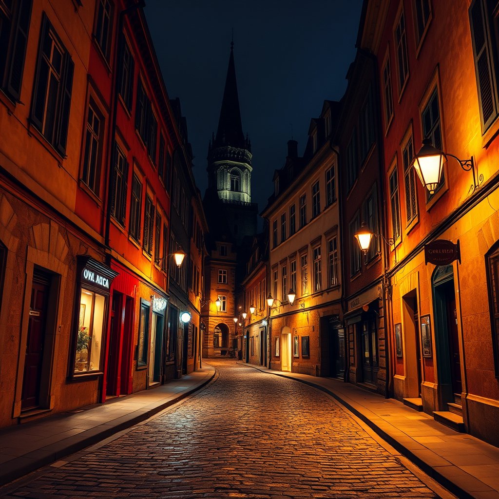 an old european cobblestone street with historic buildings, cinematic lighting, vibrant colors, dramatic atmosphere