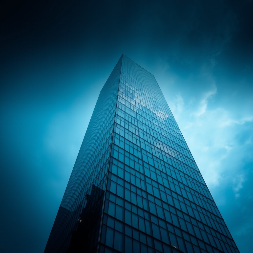 a modern glass skyscraper reflecting the blue sky, moody lighting, high contrast, fine art photography