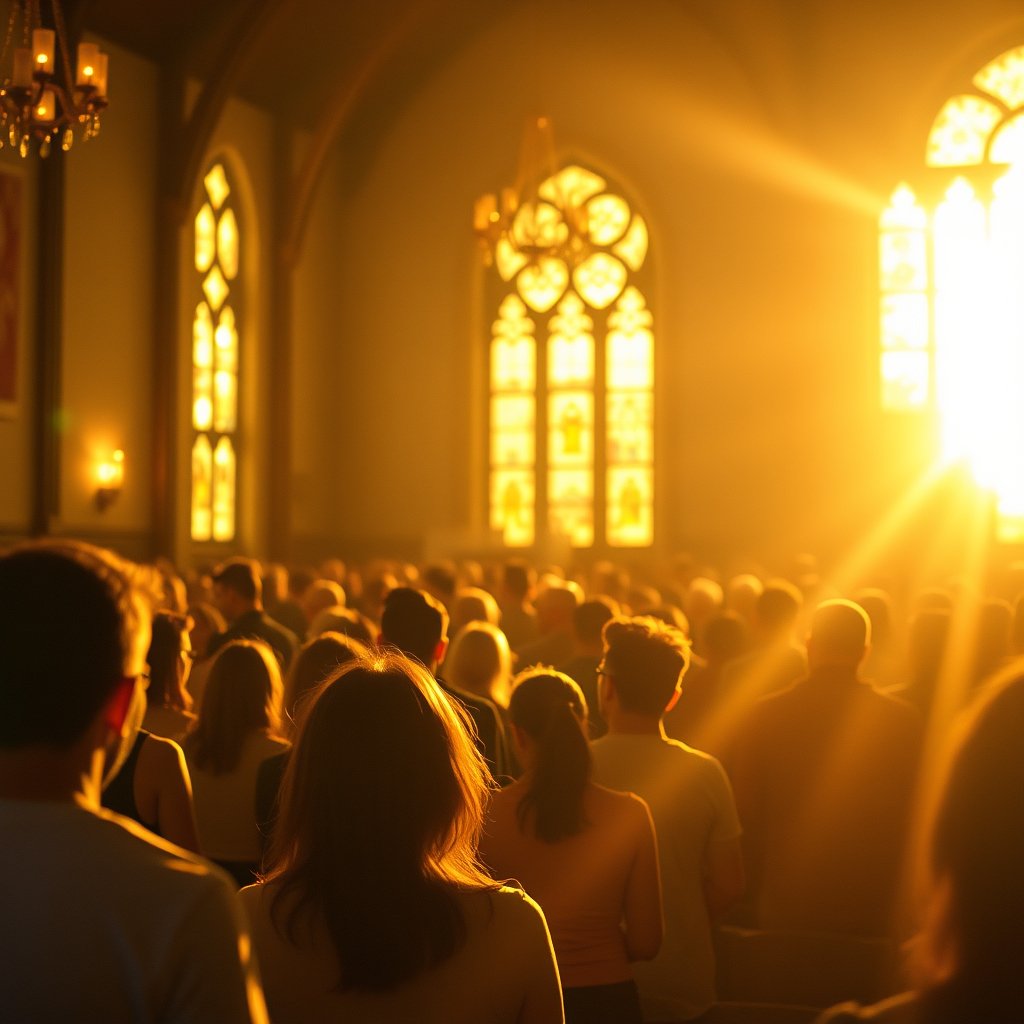 international church community worship meeting, golden hour lighting, warm tones, atmospheric
