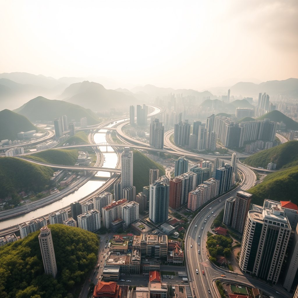 Photorealistic civilian drone aerial photo of Chongqing, with dramatic hills, layered roads, river valleys, bridges and dense high-rise buildings. 45-degree oblique drone view, rooftops, roads and a layered skyline, soft morning daylight. Realistic Chinese architecture and terrain, believable scale. Conceptual, not onsite. No close people, aircraft, readable signs, text, logo, watermark, fantasy or extreme HDR., soft natural light, shallow depth of field, bokeh