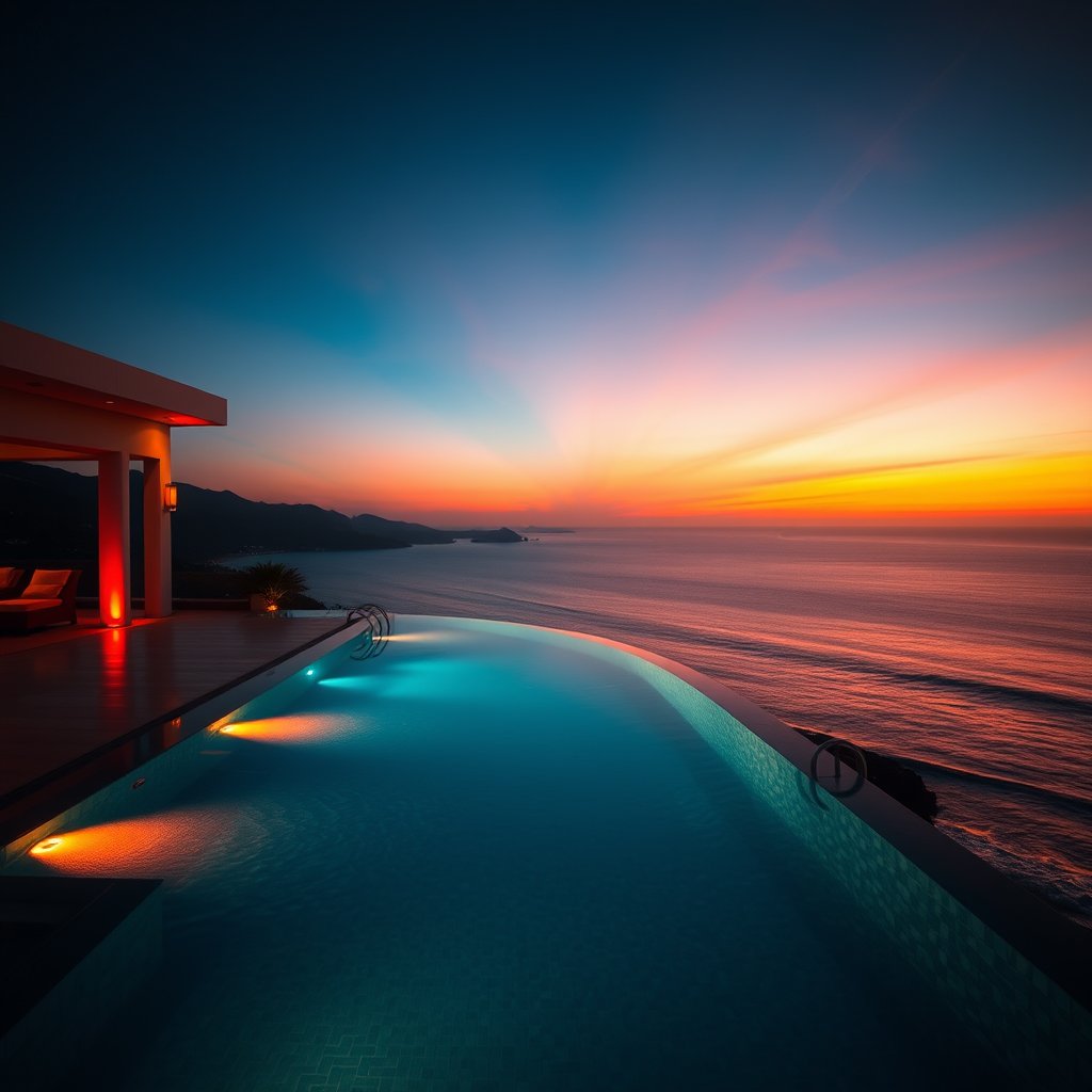 a beautiful infinity pool overlooking the ocean, cinematic lighting, vibrant colors, dramatic atmosphere