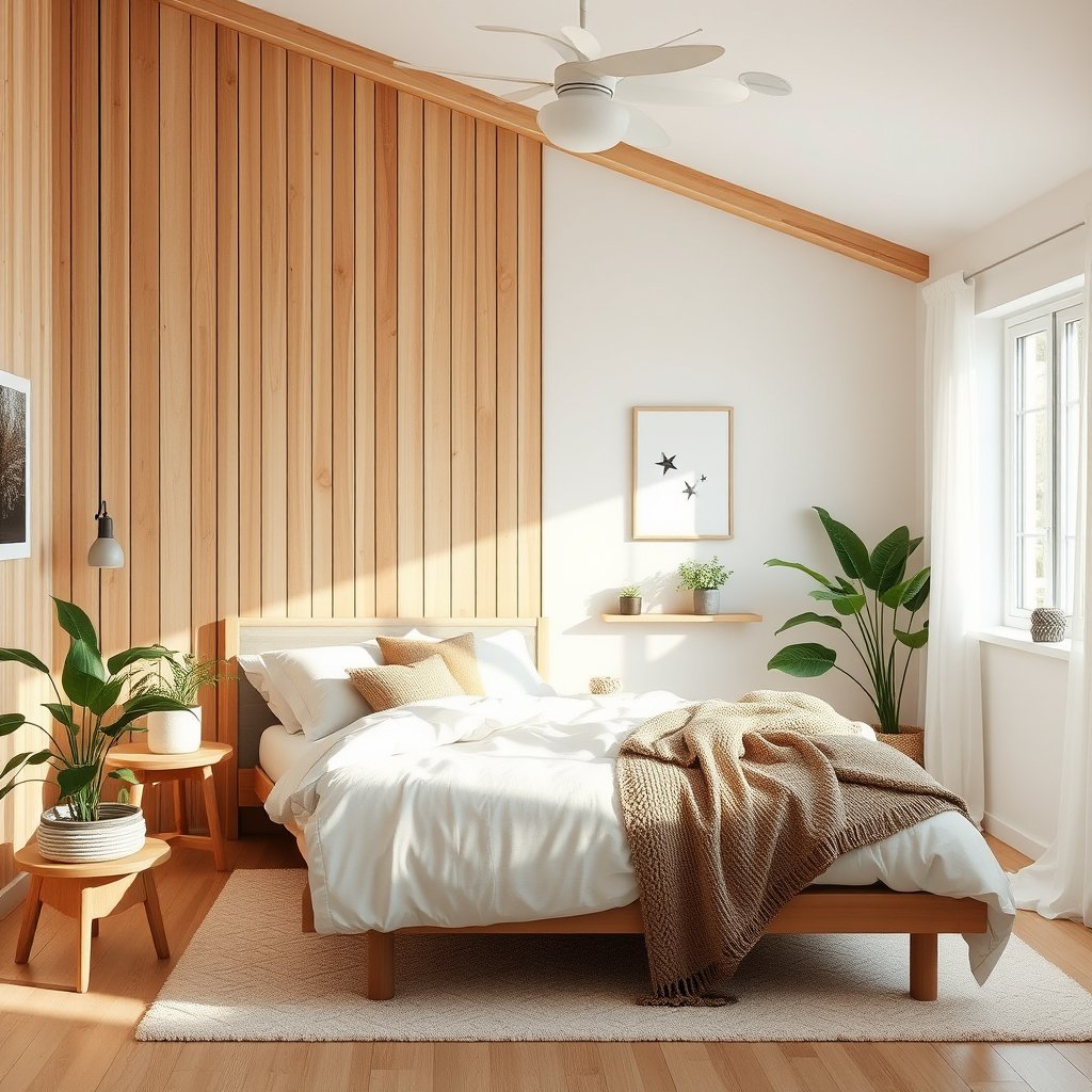 a scandinavian style bedroom with natural wood and plants, bright and airy, pastel tones, dreamy aesthetic