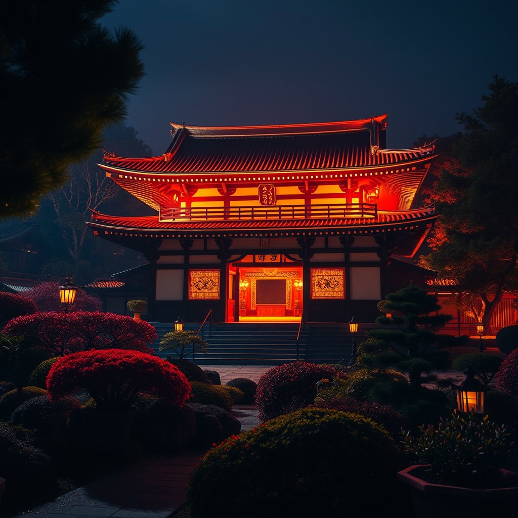 a traditional japanese temple surrounded by gardens, cinematic lighting, vibrant colors, dramatic atmosphere