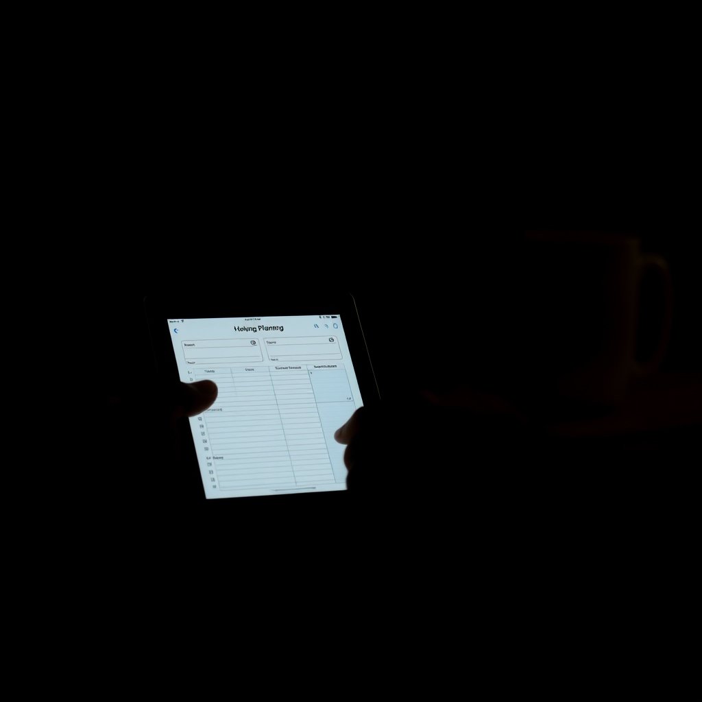ipad checking planner, moody lighting, high contrast, fine art photography