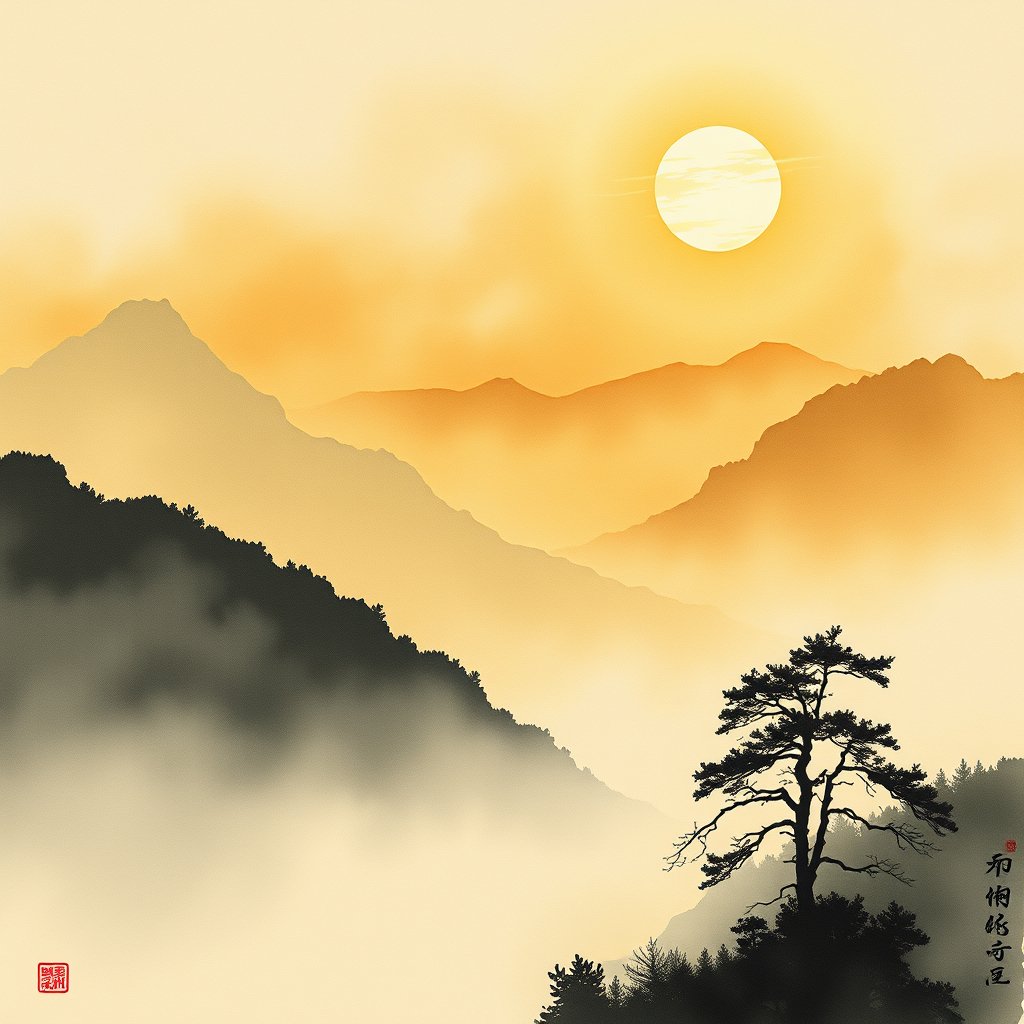 a japanese ink wash painting of mountains and mist, golden hour lighting, warm tones, atmospheric