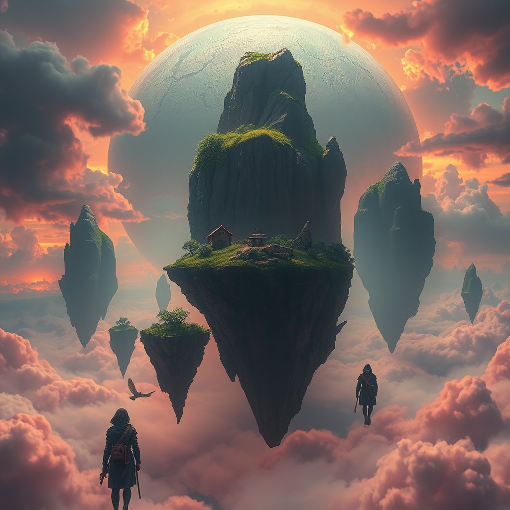 a surreal dreamlike landscape with floating islands, cinematic lighting, vibrant colors, dramatic atmosphere