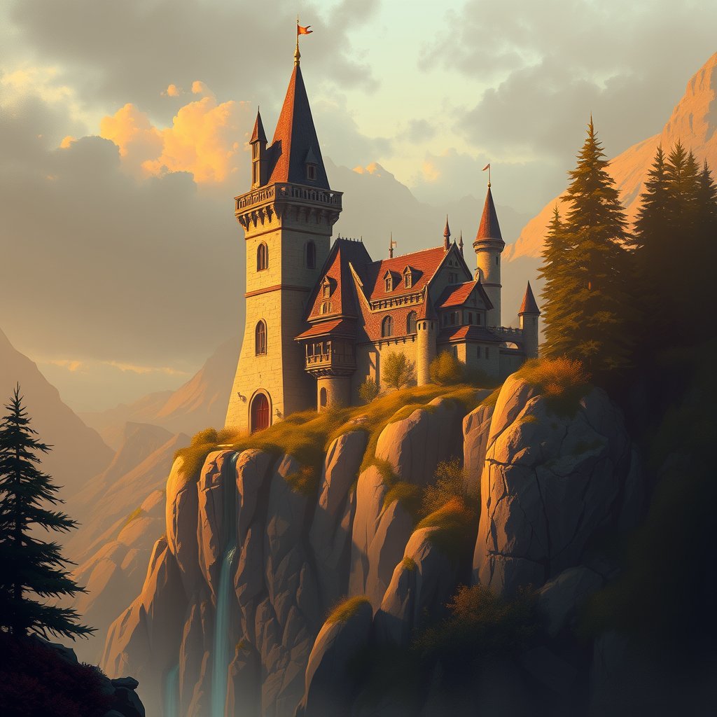 a digital illustration of a fantasy castle on a cliff, golden hour lighting, warm tones, atmospheric