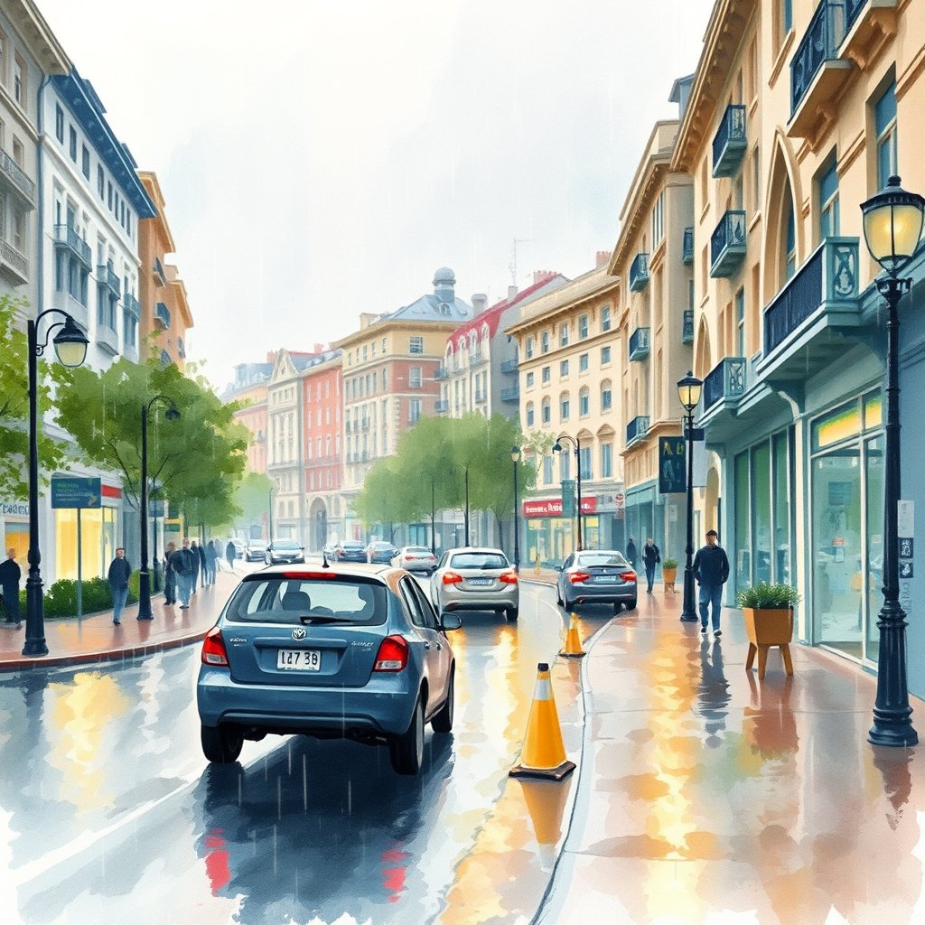 a watercolor painting of a city street in the rain, bright and airy, pastel tones, dreamy aesthetic